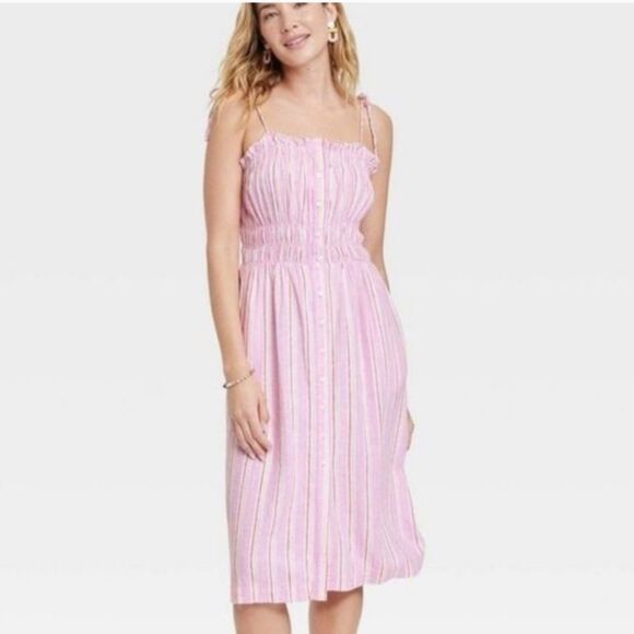 Universal Thread Linen Blend Midi Dress Pink Stripes Smocking Tie Straps M NWT - Picture 1 of 12